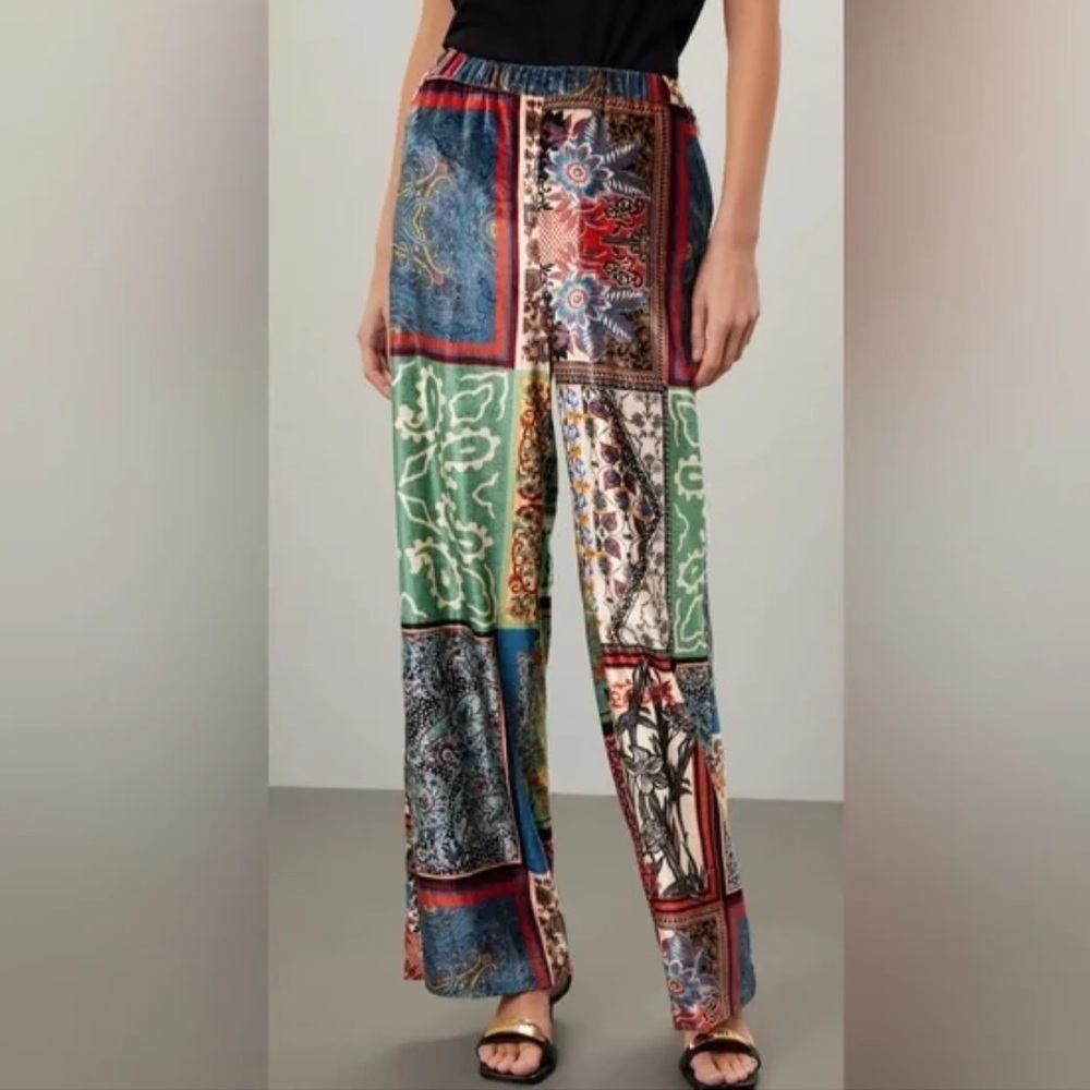 Sfizio Women's Patchwork Print Velvet Stretch Lounge Pant Trousers Pockets Sz XS - Picture 3 of 9